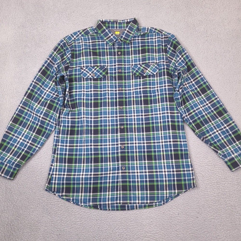 Eddie Bauer Shirt Mens XLT Blue‎ Green Plaid Hiking Gorpcore Outdoor Pockets